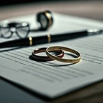 divorce papers and wedding rings